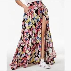 Free People Hot Tropics Maxi Skirt Pink and Black Floral Slit Size 0